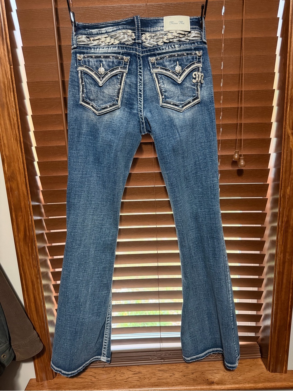 Miss Me Blue Embroidered Flare Jeans with Braided Waistband
